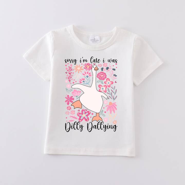 Auraquise - Vendita all'ingrosso Maglietta serigrafata - Bambini - Maglietta bianca in cotone con stampa oche multicolore per ragazze estate