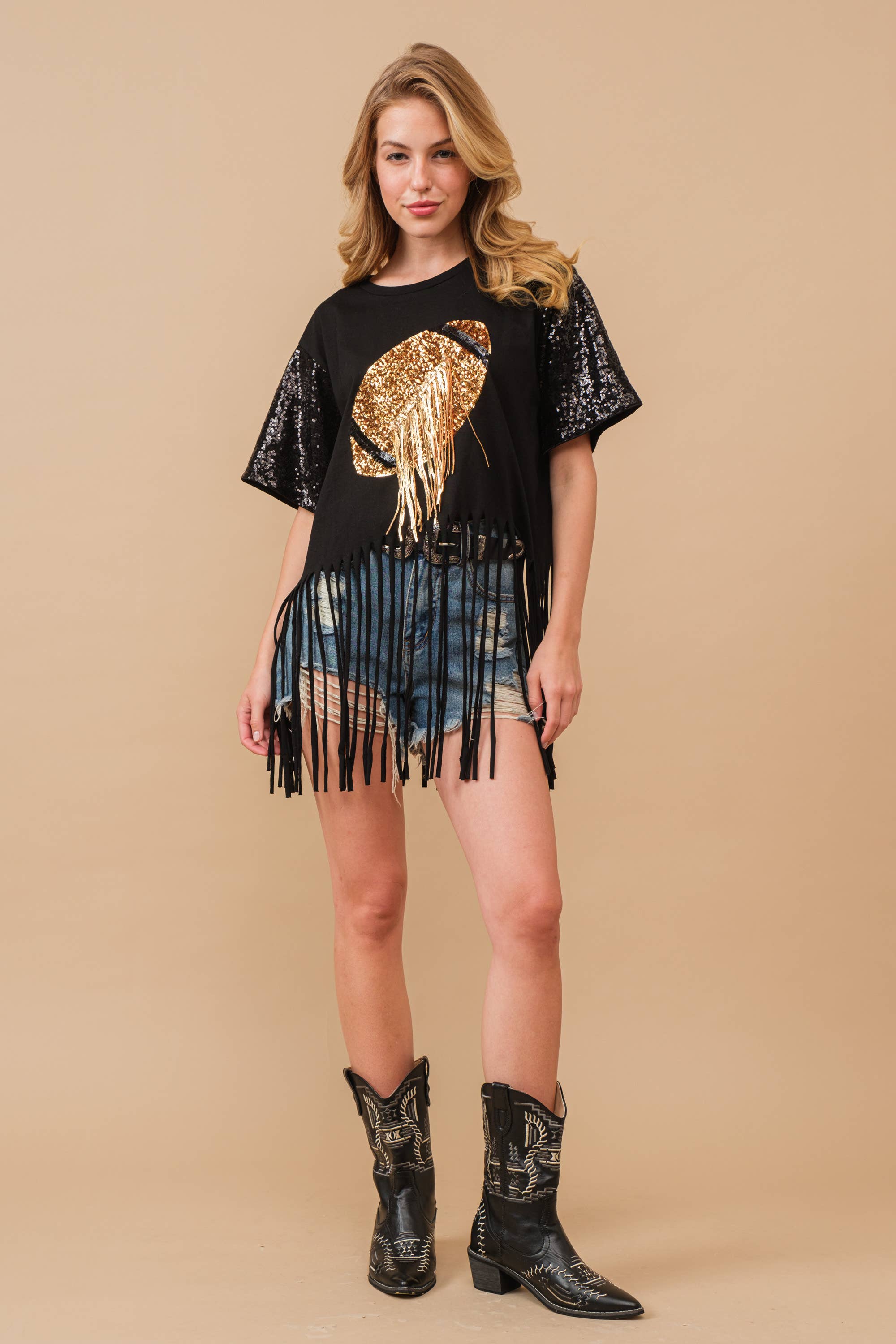 Blue B – Großhandel T-Shirt – Damen – 34255T - Fußball-T-Shirt mit Paillettenfransen und Grafik3