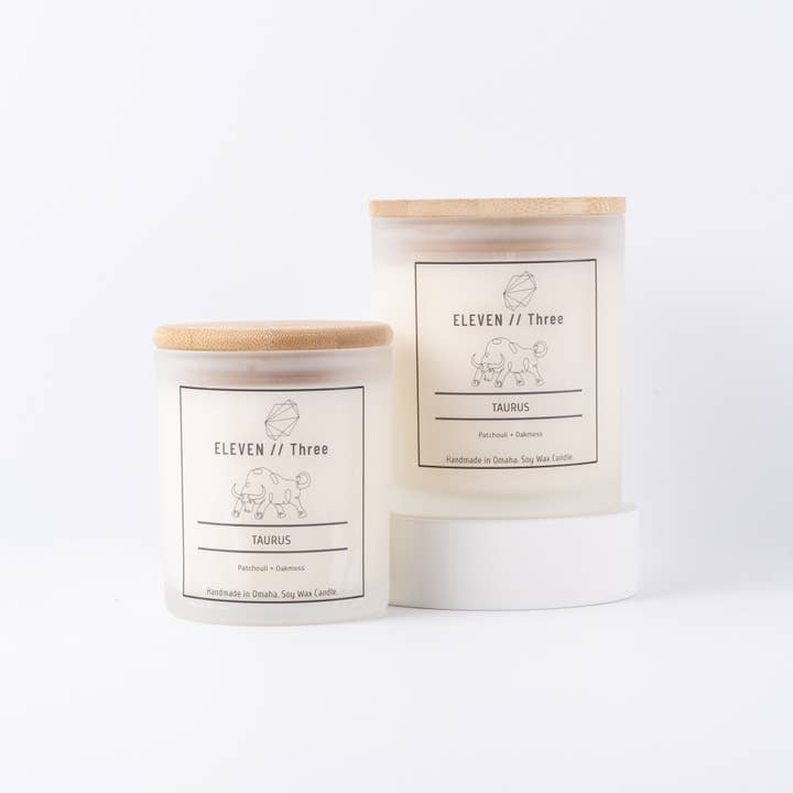 TAURUS Patchouli & Oakmoss 100% Soy Wax Jar Filled Candle for wholesale by ELEVEN//Three