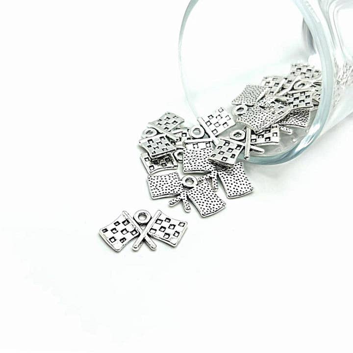 Guerrilla Charm - Wholesale Individual Charm/Pendant - Silver Checkered Flag Racing Charms, 12x22mm