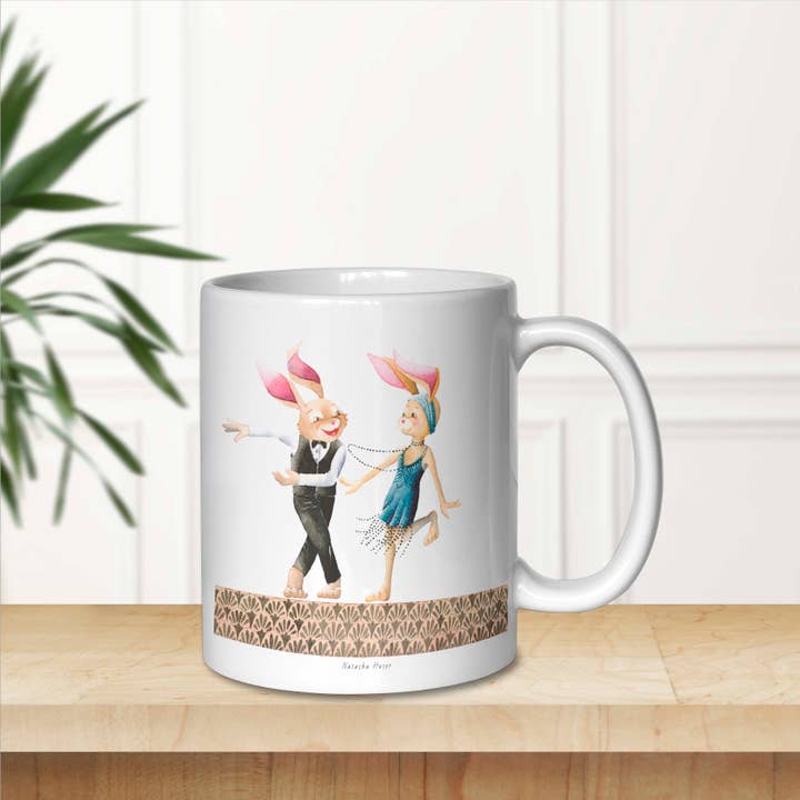 33 cl stentøjskrus med dansende kaninmotiv: CHARLESTON for engroshandel hos Natacha Huser