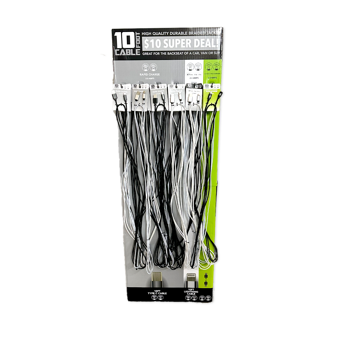Novelty Brands - Wholesale Charging Cable - 10 ft Charging Cable Assortment Floor Display- 24/Display2