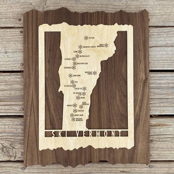 Ski Vermont - Wood Map of Vermont Ski Areas with Custom Engraving for wholesale by Mountaincut