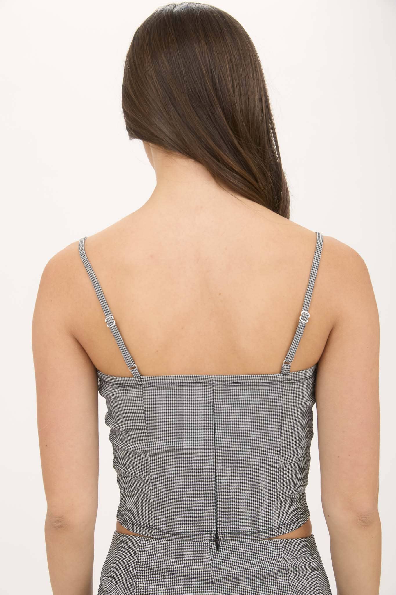 The Workshop Studio – wholesale Blouse – Women’s – PLAID LACE TRIM FRONT TIE SPAGHETTI STRAP CROP TOP1