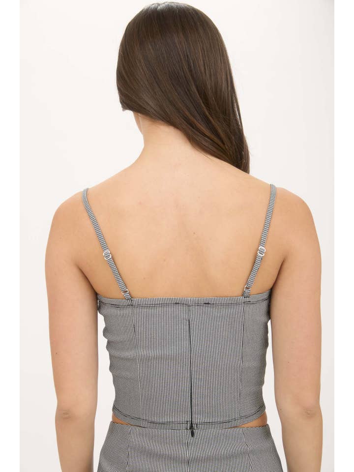 The Workshop Studio – wholesale Blouse – Women’s – PLAID LACE TRIM FRONT TIE SPAGHETTI STRAP CROP TOP1