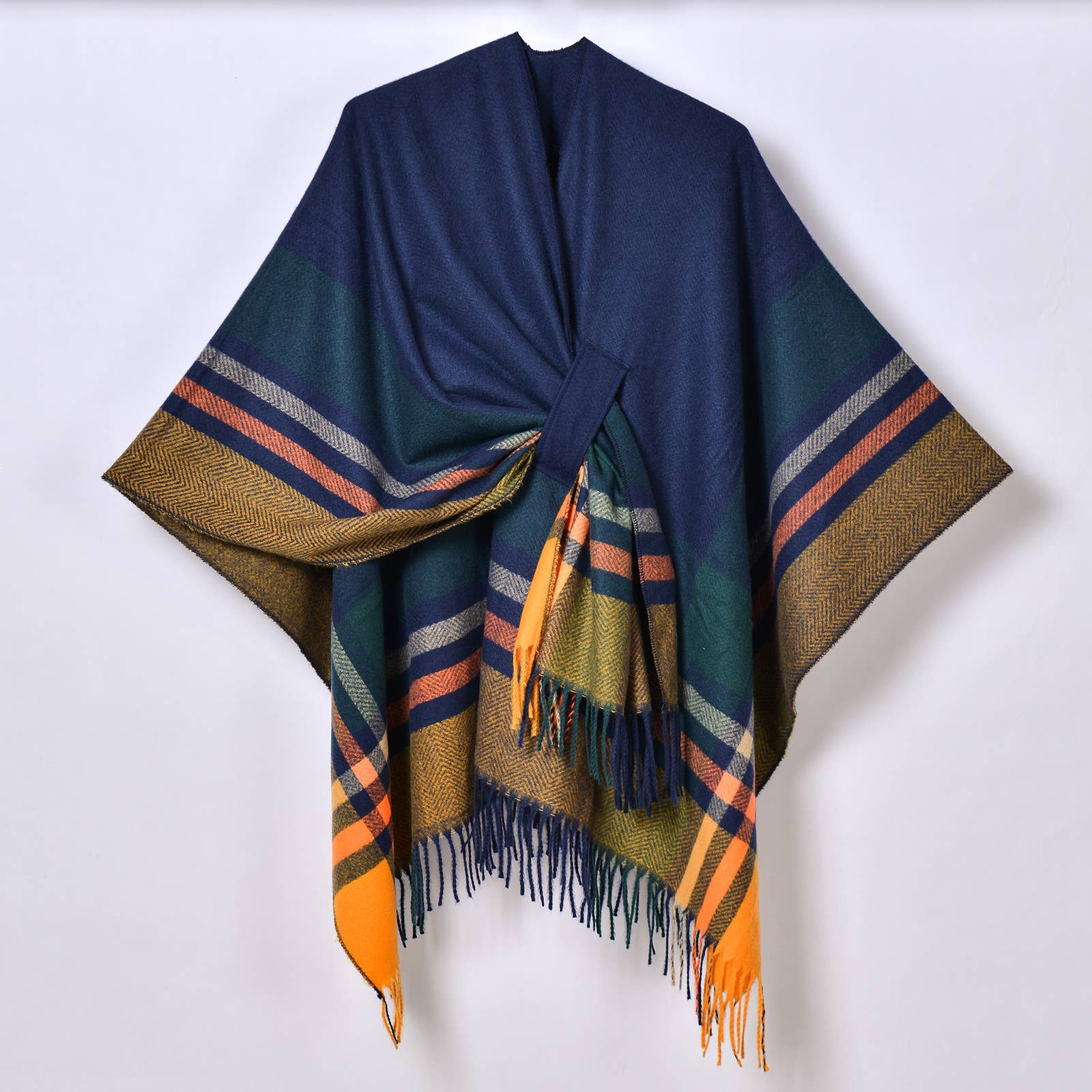 Rosa Clothing - Wholesale Wrap - Women's - Asymmetric Plaid Tassel Thermal Shawl Ruana3
