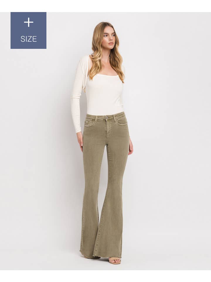 COVERT GREEN PLUS SIZE HIGH RISE SUPER FLARE JEANS V3084CG-P for wholesale on Faire2