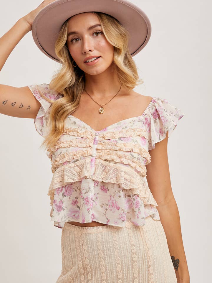Bluivy - Wholesale Blouse - Women's - FLORAL PRINT RUFFLE LACE TRIMMED SWEETHEART NECK TOP