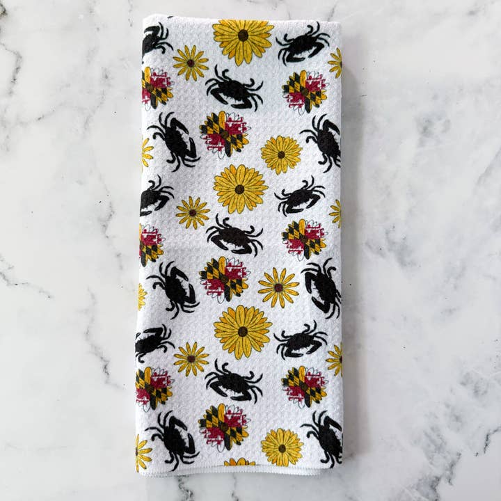 Jami Creates - Wholesale Tea Towel - Maryland Flower & Crab Patterned Waffle Kitchen Dish Towel