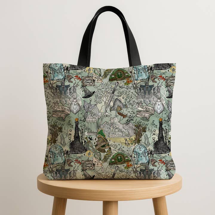 LOTR Watercolor Collage Movie Book Large Zipper Tote Bag for wholesale by The Geek Boutique