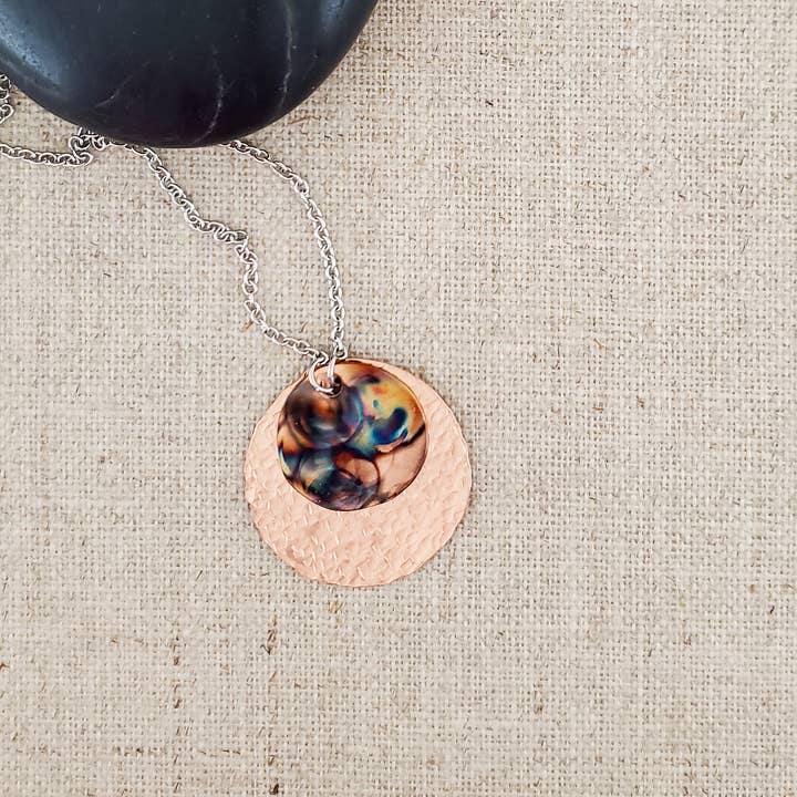 Covaly Artisan Jewelry - Wholesale Pendant/Charm Necklace - Flame Paint Copper Small Circle Layered Necklace
