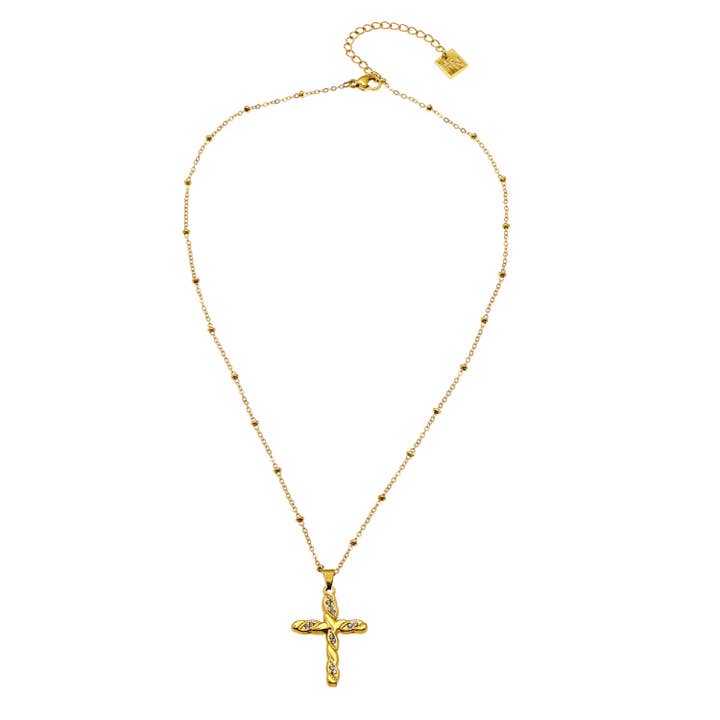 Dainty Beaded Necklace with CZ Embedded Cross Pendant for wholesale by HACKNEY NINE