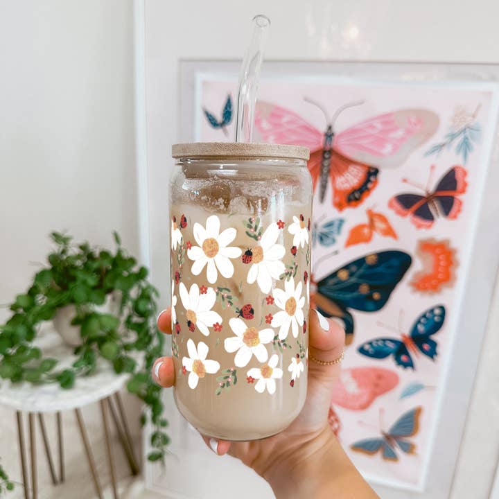 Sip-Sip Hooray! - Wholesale Drinking Glass/Cup - Daisy & Ladybug Cup with Lid and Straw