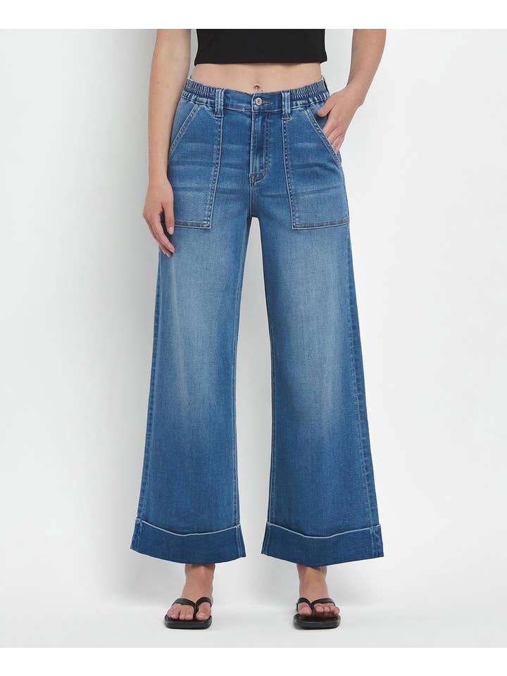 ENVIABLY HIGH RISE DOUBLE CUFFED BAGGY WIDE JEANS V3589 for wholesale on Faire