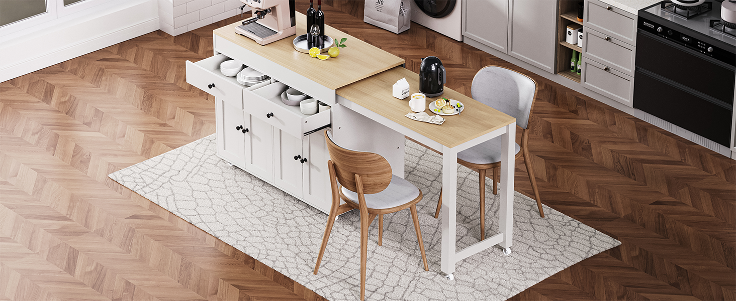 HOMYCASA DESIGN INC - Wholesale Kitchen Storage/Organizer - K&K 74.5 inch Kitchen Island with Extendable Dining Table , Rolling Kitchen Island on Wheels with Spice Rack and 2 Drawers,  Kitchen Storage Cart with 4 Door Cabinet, for Kitchen, Dining Room, White34