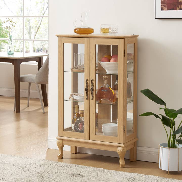 Orange County Decor - Wholesale Cabinet - 2 Doors Curio Cabinet With Tempered Glass Doors, Curio Cabinets With Mirrored Back Panel And Adjustable Shelves, Lighted Display Cabinet For Home, Office Light Bulb Included Oak Oak Mdf Glass6