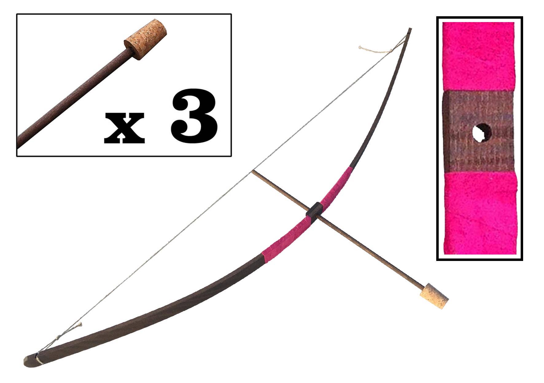 KALID MEDIEVAL – Großhandel Holzspielzeug – Kinder – Rustikaler Holzbogen mit Wildledergriff S und 3 Holzpfeilen mit Korkspitze - ST454F13