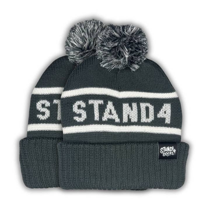 Stand4 Jacquard Grey Beanie with Pompom and Patch for wholesale by Stand4 Socks US