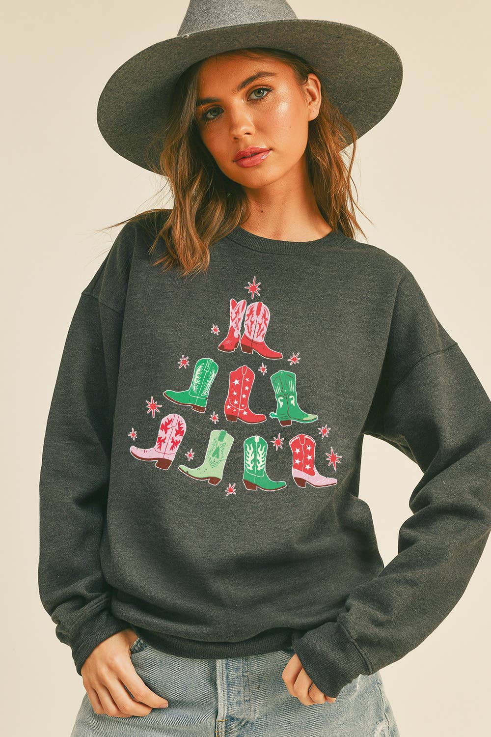 Honestee - Wholesale Sweatshirt - Women's - Cowboy Boots Christmas Tree Long Sleeve Sweatshirt0