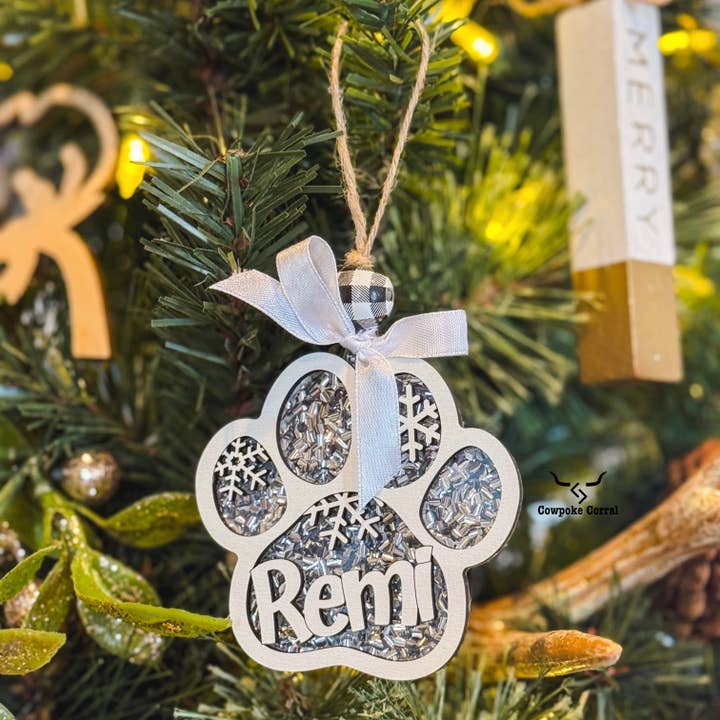 CUSTOM PET NAME PAW CHRISTMAS ORNAMENT for wholesale by Cowpoke Corral