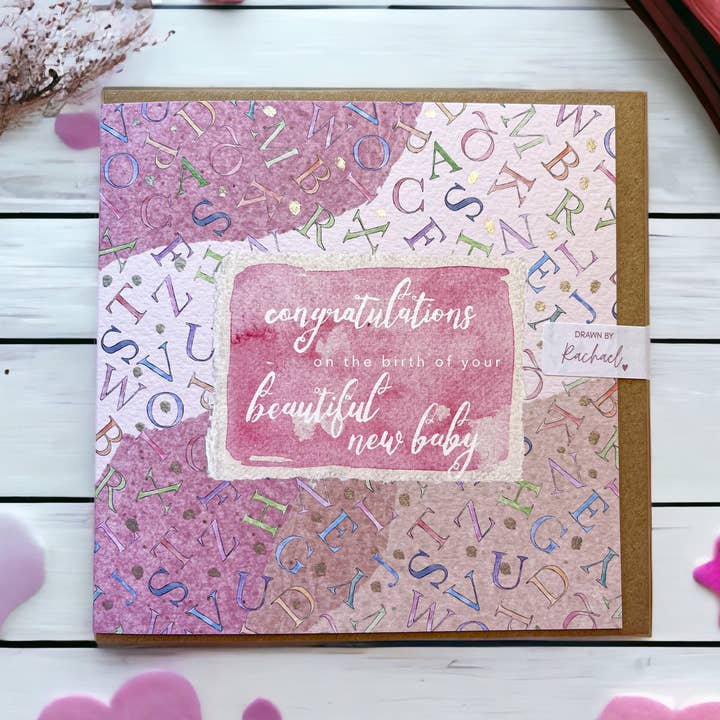 Alfabet - Nyt babykort - Pink for engroshandel hos Drawn by Rachael