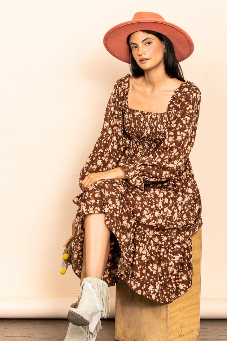 Elloh Collection - Vente Robe – femme - Robe midi vintage à manches longues smockées à fleurs avec poches8