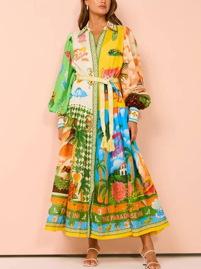 Single-Breasted Balloon Sleeve Graffiti-Print Dress for wholesale by Rosa Clothing