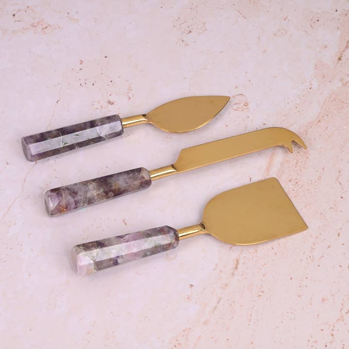 Serein Wellness - Wholesale Cheese Spreader - Amethyst Cheese Knives, Cheese Board Knife Set with Gold PVD