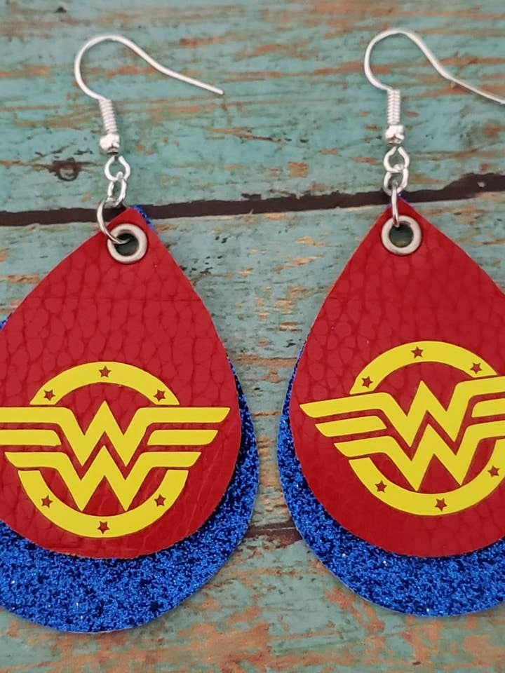 Wonderwoman super hero Leather Earrings for wholesale by Glitter and Glue 4 You