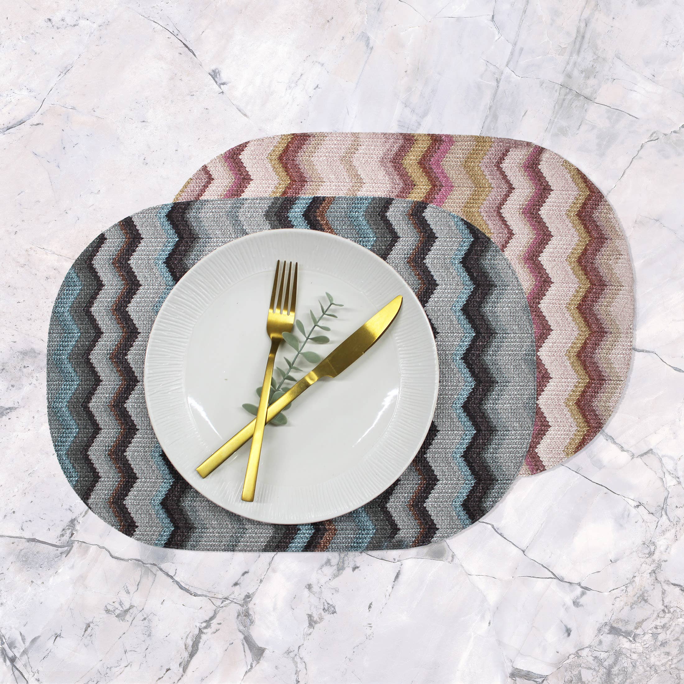 Signature Home Collection GmbH - Wholesale Placemat - Set of 6 oval synthetic leather zigzag grey blue pink placemat7