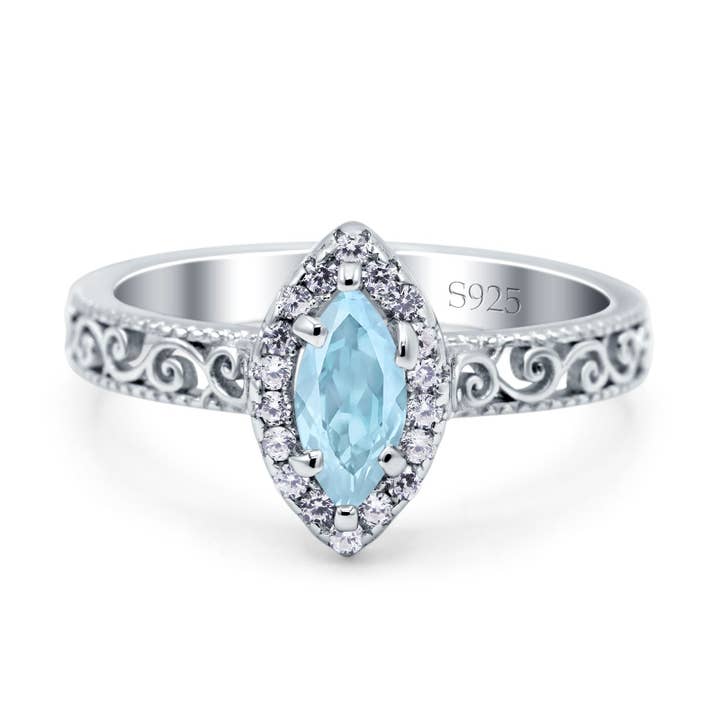 Halo Art Deco Marquise Simulated Aquamarine CZ Bridal Wedding Engagement Ring for wholesale by Blue Apple Imports