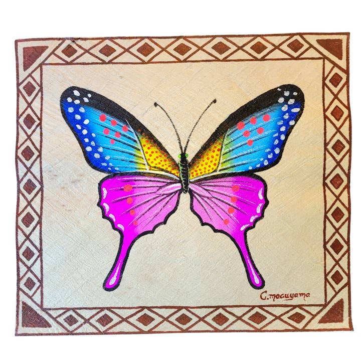 Kukama butterfly painting on llanchama tree bark canvas for wholesale by Amazon Ecology