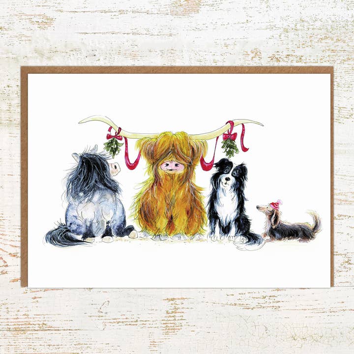 Carte de Noël Highland Mistletoe - Vache, poney, chiens des Highlands pour la vente par Pony Nut Gifts