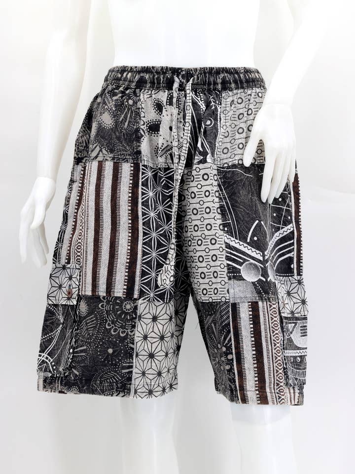 Himalaya Handmade - Wholesale Shorts - Men's - Cotton Hippie Handmade Black And White Gheri Patchwork Bohemian Shorts