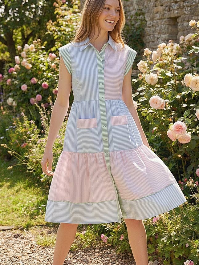 STRIPE COLORBLOCK SHIRT MIDI DRESS for wholesale by Kori America