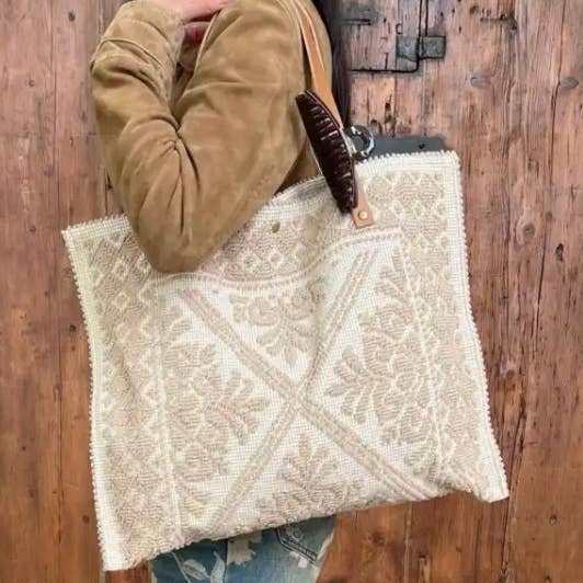 JIJOU CAPRI - Wholesale Tote Bag - Women's - MICA Canvas Woven Pattern Large Tote Bag Leather Strap