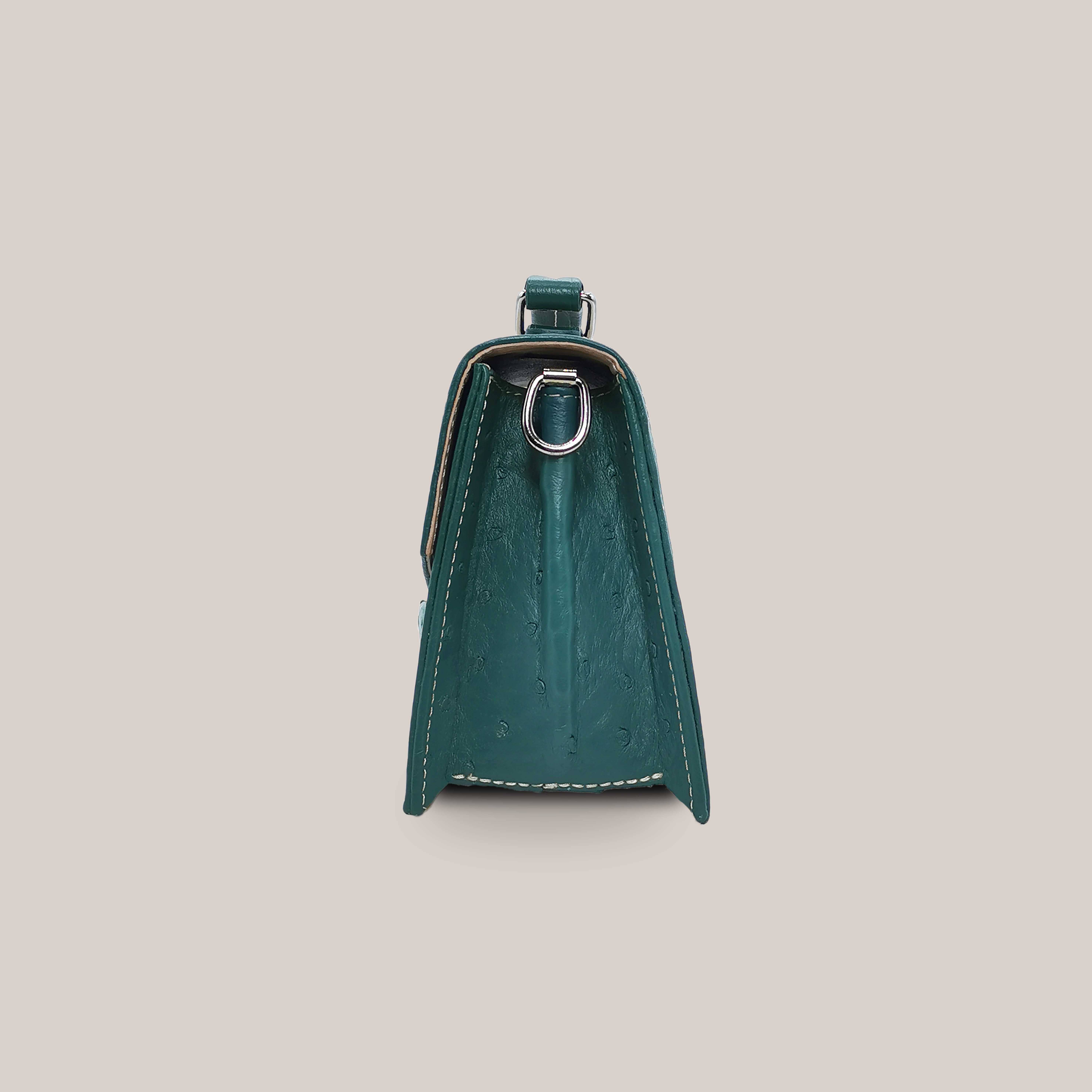 Alca Green Ostrich Leather And Linen Flip Bag for wholesale on Faire2