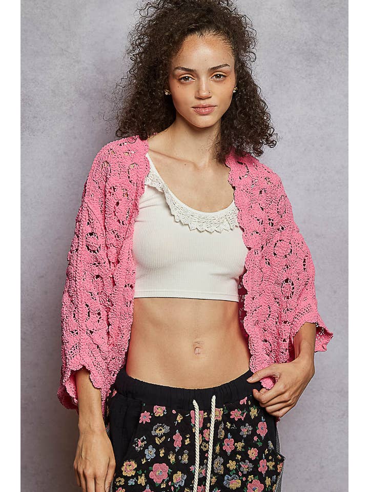 Pol Clothing - Wholesale Cardigan - Women's - Long sleeve v neck floral pattern crochet chenille cardigan7