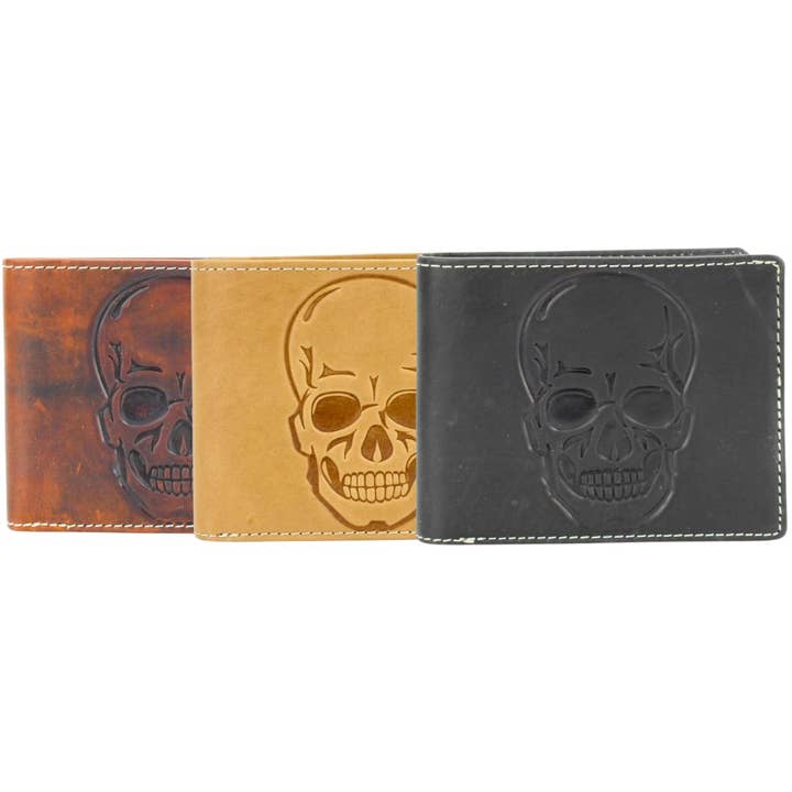 Oil Pull Up Embossed Skull Bifold Wallet ABB 007 for wholesale by Leather Impressions Inc