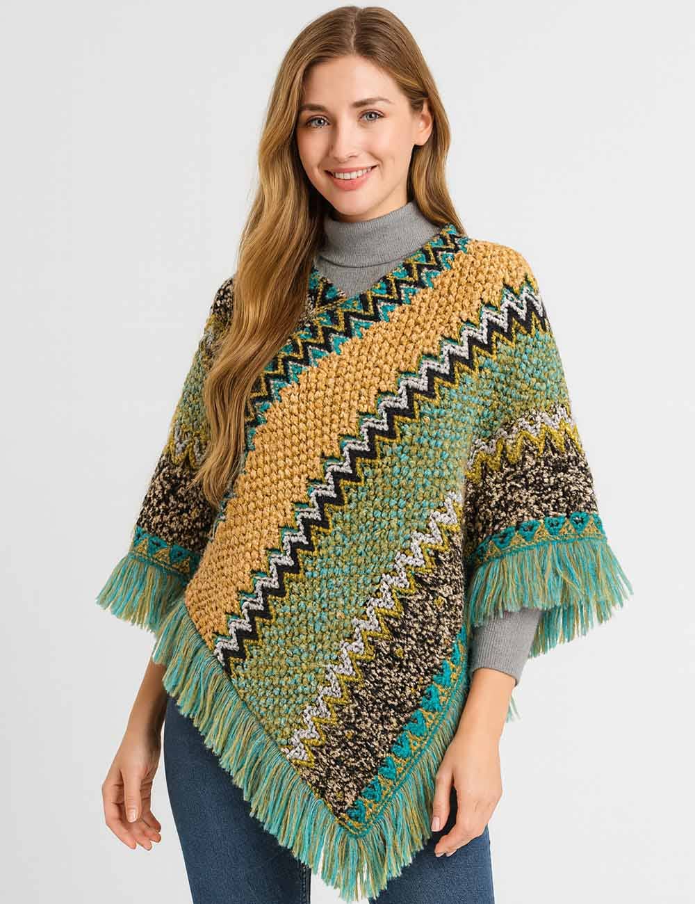 Sweetkama - Vente Poncho – femme - Châle à franges ethnique coloré chic pour femmes7