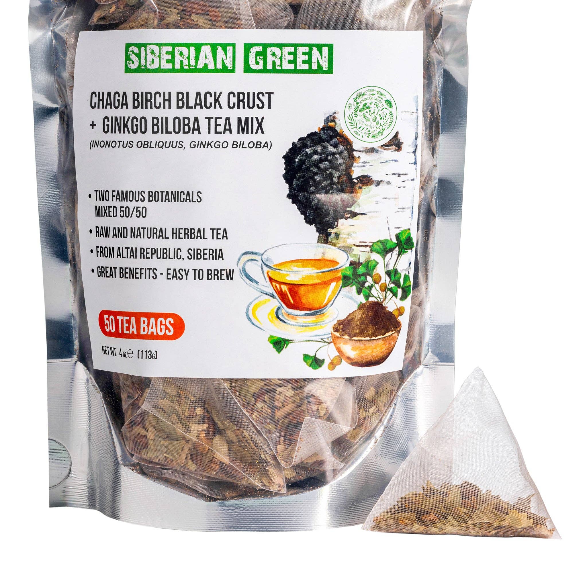 SiberianGreen - Wholesale Tea Bags - Siberian Green Ginkgo Biloba Tea with Chaga – 50 Tea Bags0