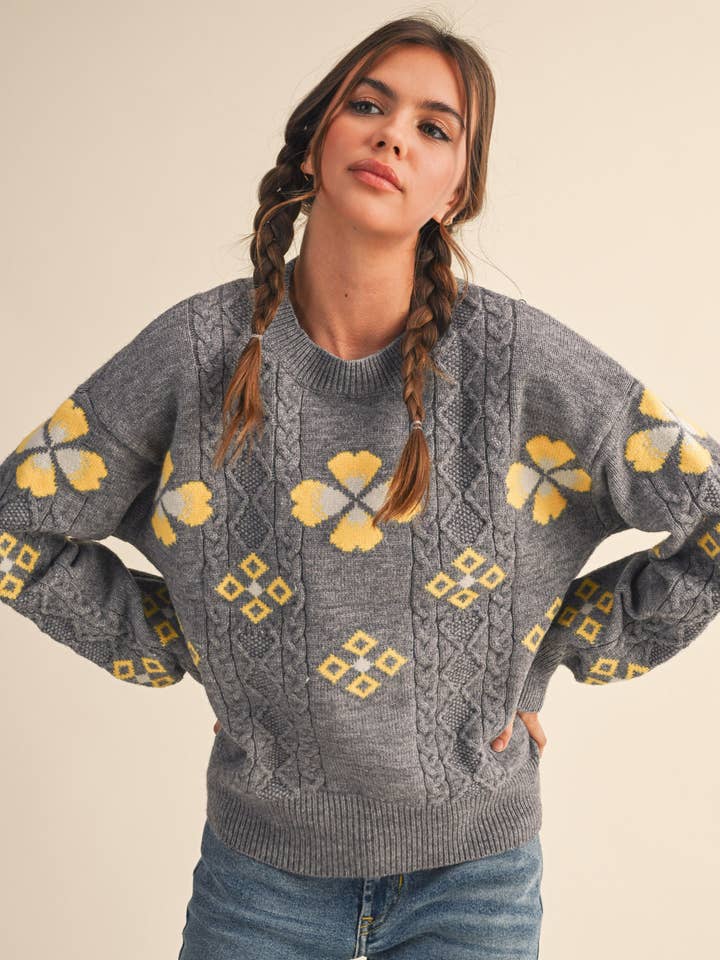 CABLE KNIT SWEATER WITH FLORAL KNIT MSW10879 for wholesale by &MERCI