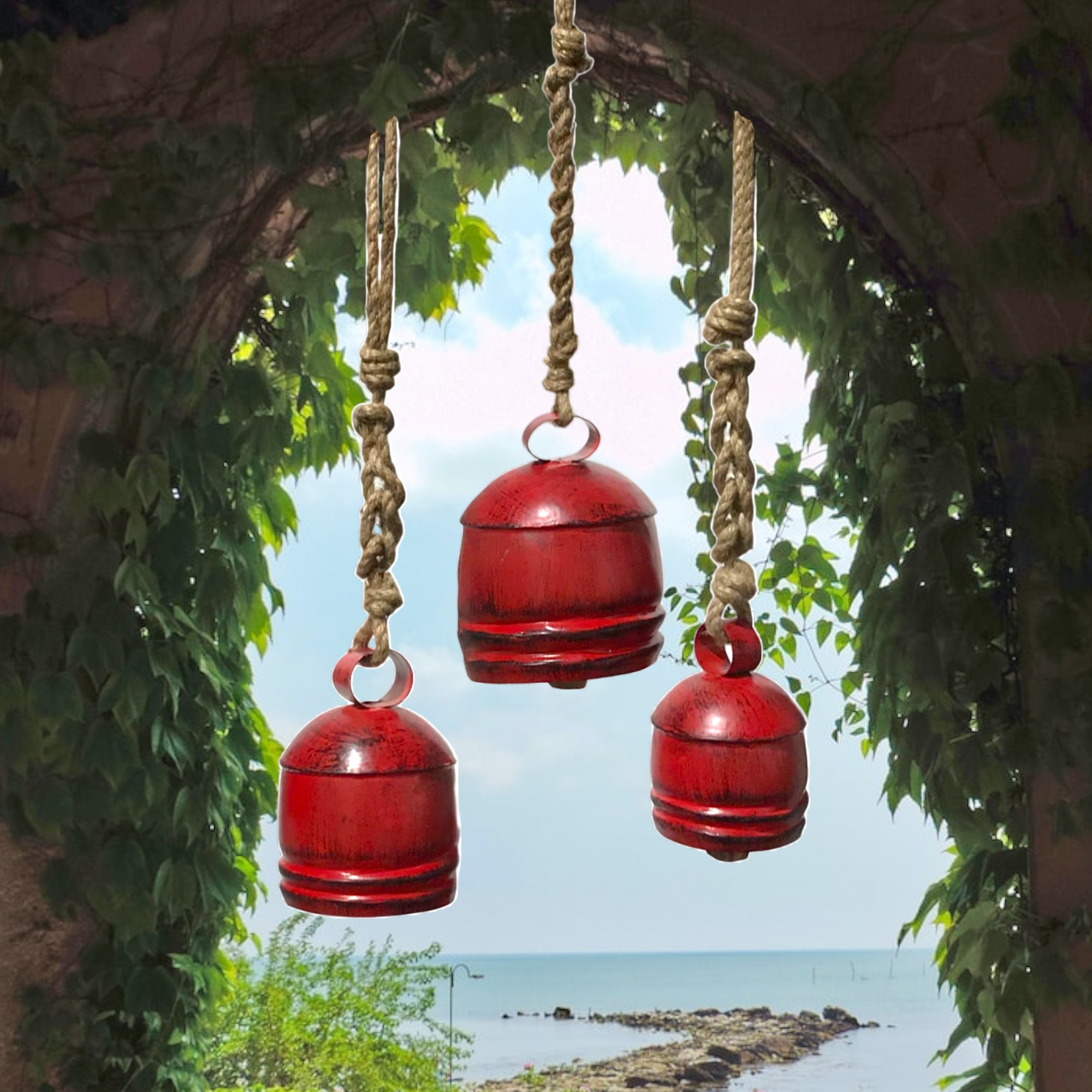 Wilco Home - Wholesale Bell - Set of 3 Christmas Red Hand-Patina Metal Hanging Bells5