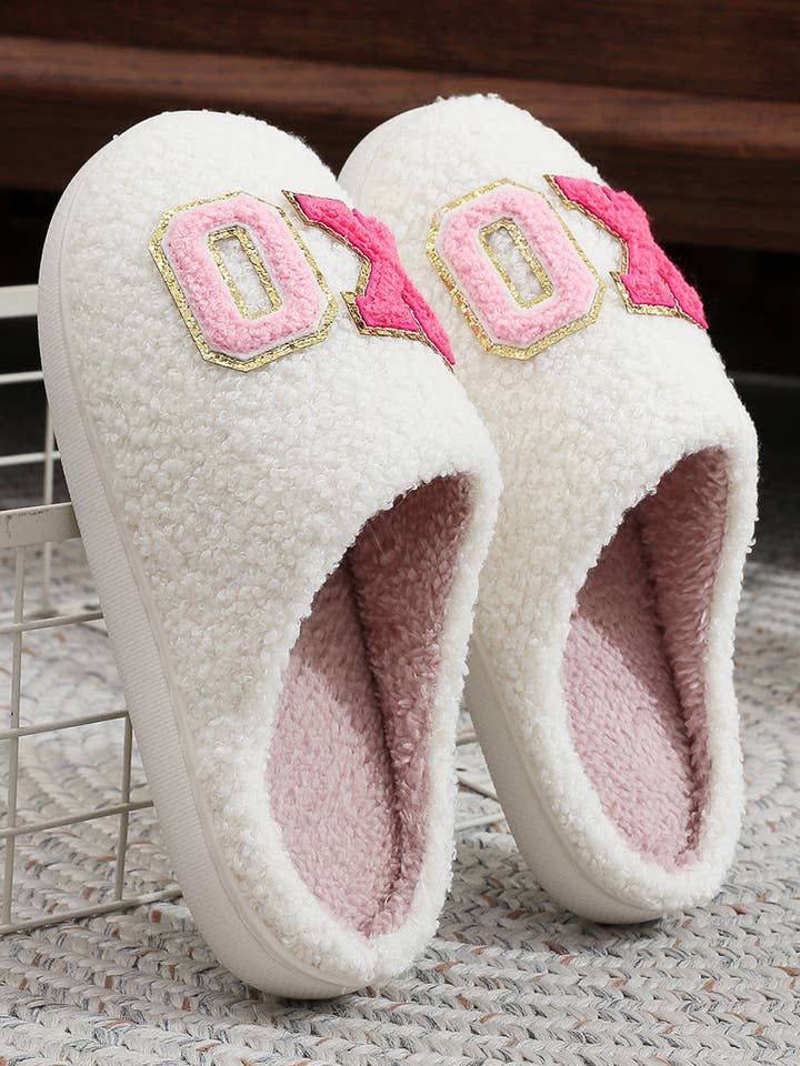 XO XO Glitter Letter Patch House Plush Slippers | US6-11 for wholesale by Aapparella