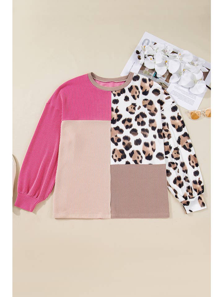 Multi Colored Plus Size Twisted Ribbed Colorblock Leopard Patchwork Top for wholesale on Faire1