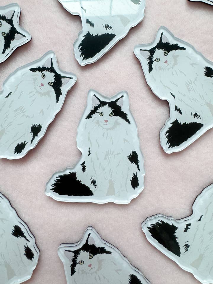 Black and White (long haired) Cat Magnet for wholesale by Our Cheery Corner