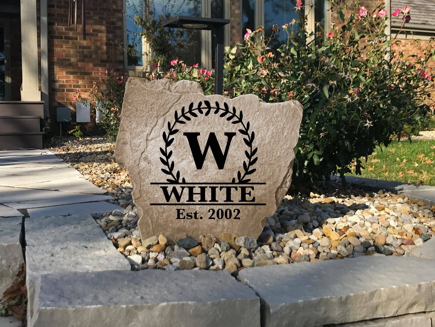 DesignAStone.com - Wholesale Outdoor Ornament/Decor - Vine Monogram Stone w/ Established Date1