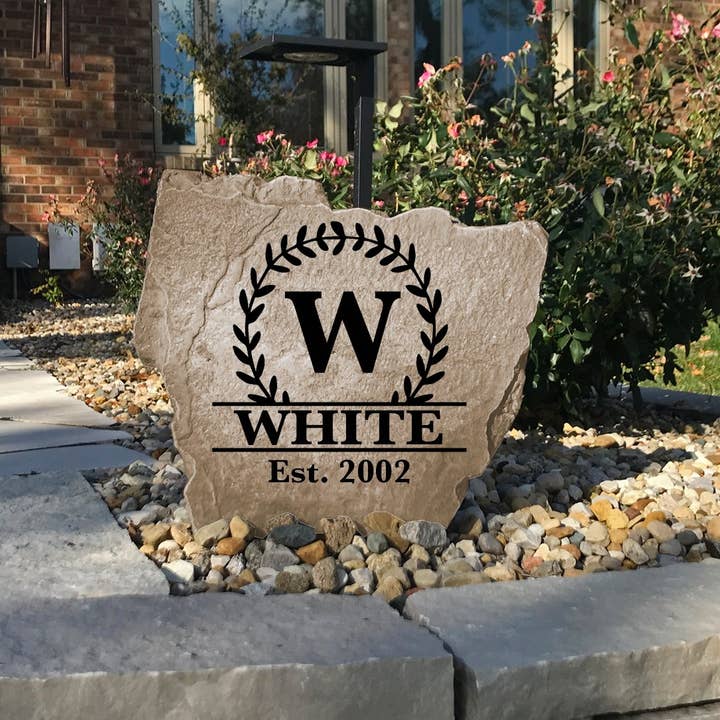 DesignAStone.com - Wholesale Outdoor Ornament/Decor - Vine Monogram Stone w/ Established Date1