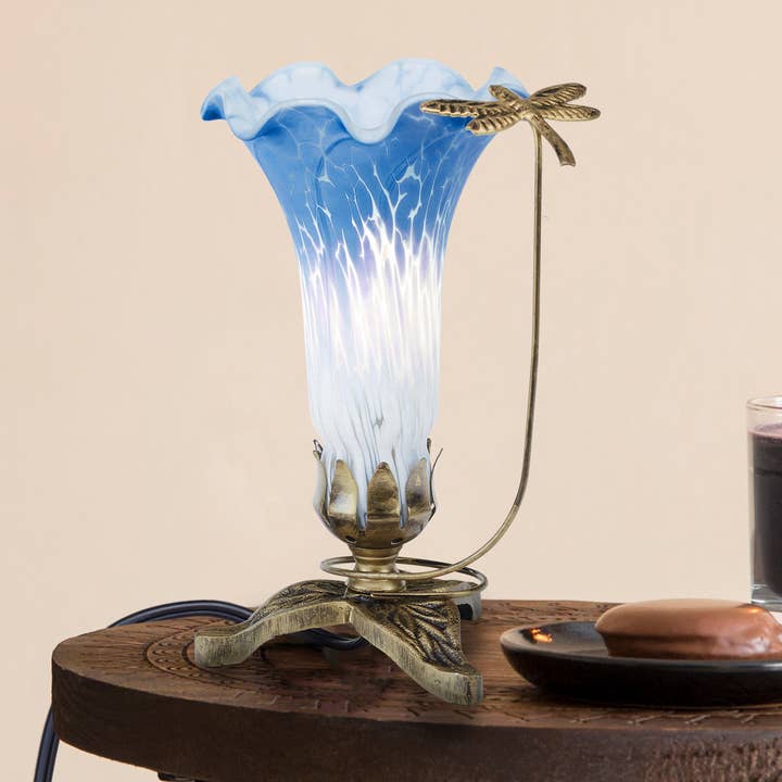 9"H Blue & White Handpainted Glass Dragonfly Lily Lamp for wholesale by River of Goods