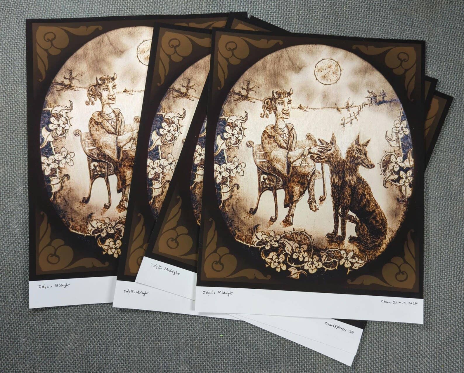 Chaos Woods - Wholesale Art Print - Full moon, faun & two-headed dog fantasy print2